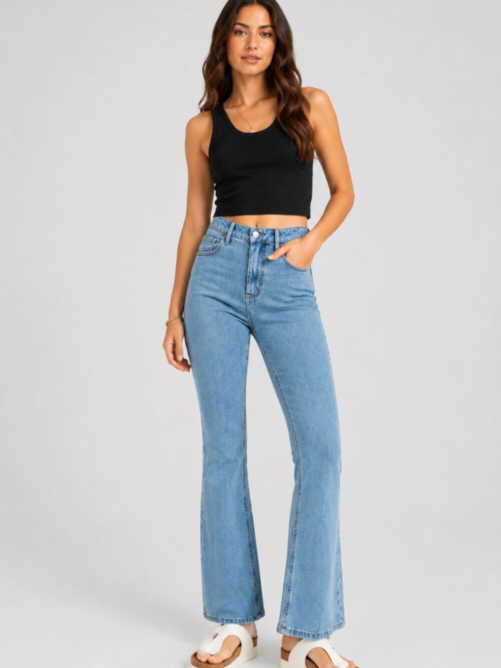 Blue High Waisted Zipper Fly 5 Pocket Flare bottom Jeans